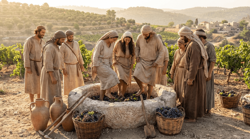 People in biblical attire crushing grapes in a stone basin, vineyard background.