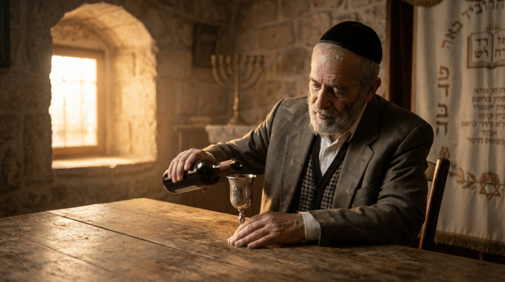 Elderly Jewish man pouring wine into ceremonial cup near menorah.