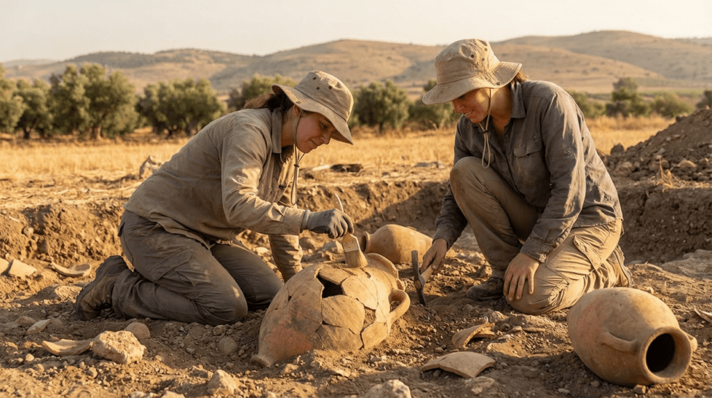 Archaeologists at Tel Kabri excavating ancient wine jars near olive groves.
