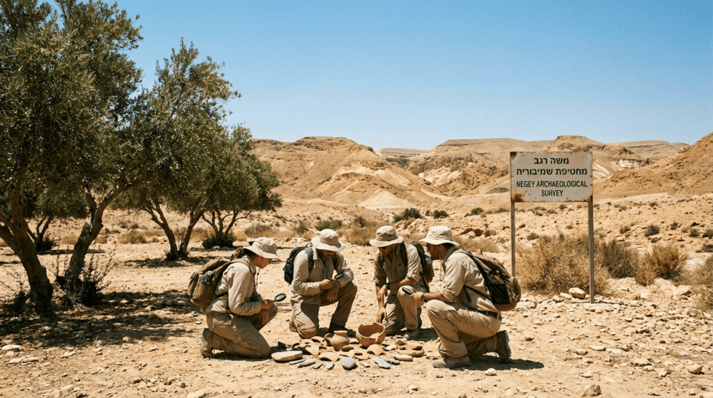 Explorers in hiking gear examining artifacts in Negev Desert, Israel.