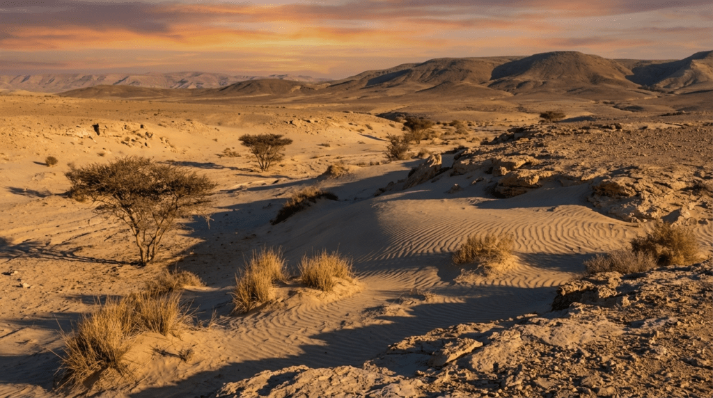 Negev Desert at sunset with long shadows, small plants, and distant hills.
