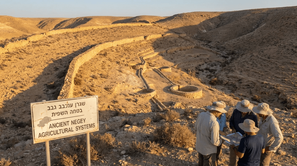 Desert landscape with ancient terracing and irrigation systems at sunset.