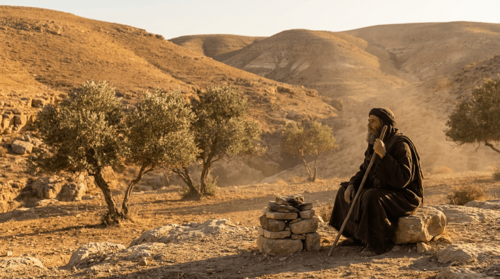 Solitary figure in traditional attire contemplates in golden-lit Negeb Desert.