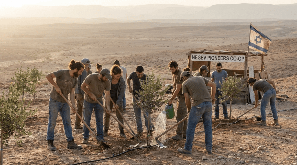 Israeli pioneers working in an olive grove in the Negeb desert at dawn.