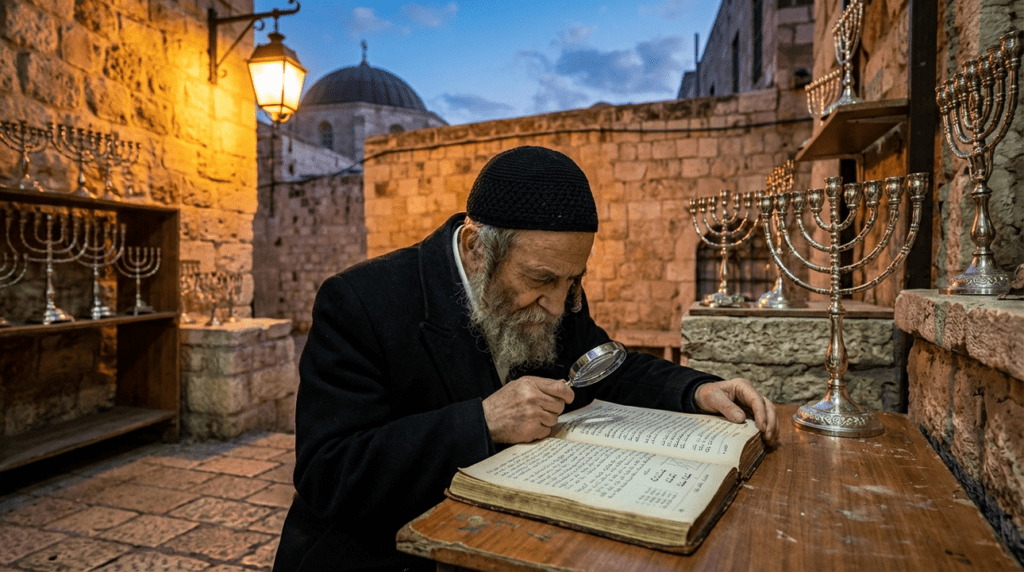 Elderly Jewish man reads Kabbalistic text among silver menorahs in Jerusalem.