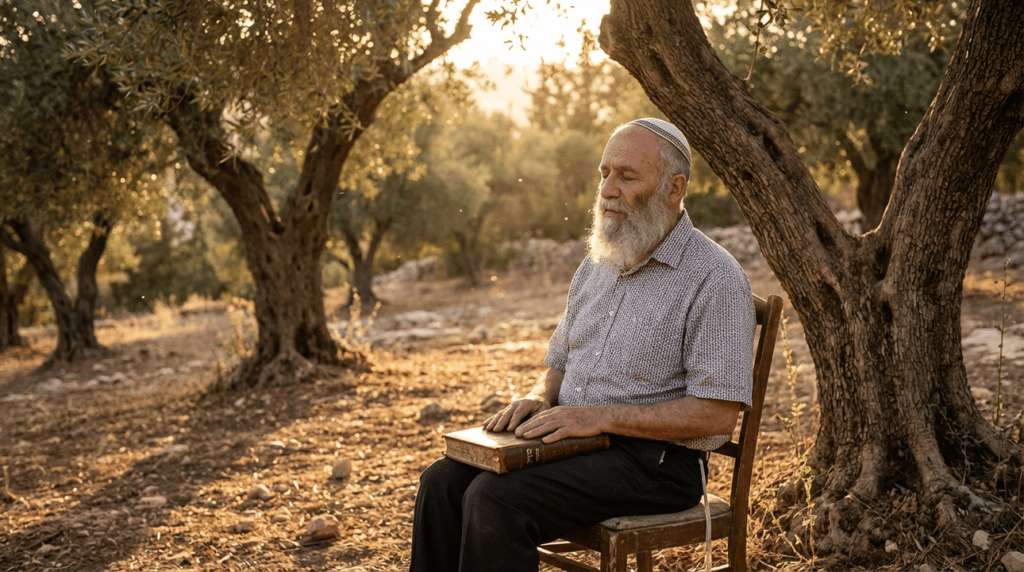 Elderly Jewish man meditates in olive grove with Kabbalistic texts.