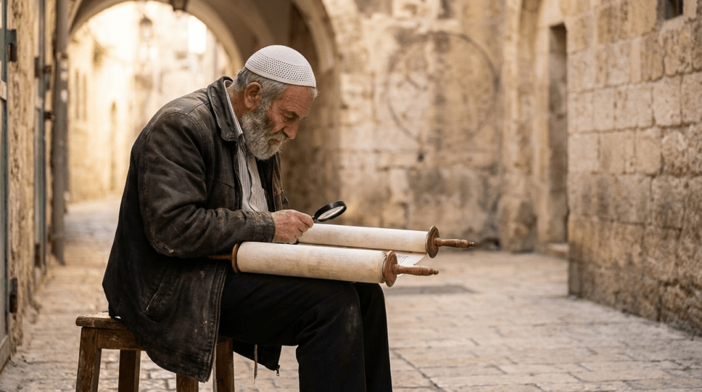 Elderly Jewish man in Jerusalem reading Torah scroll near textured wall.