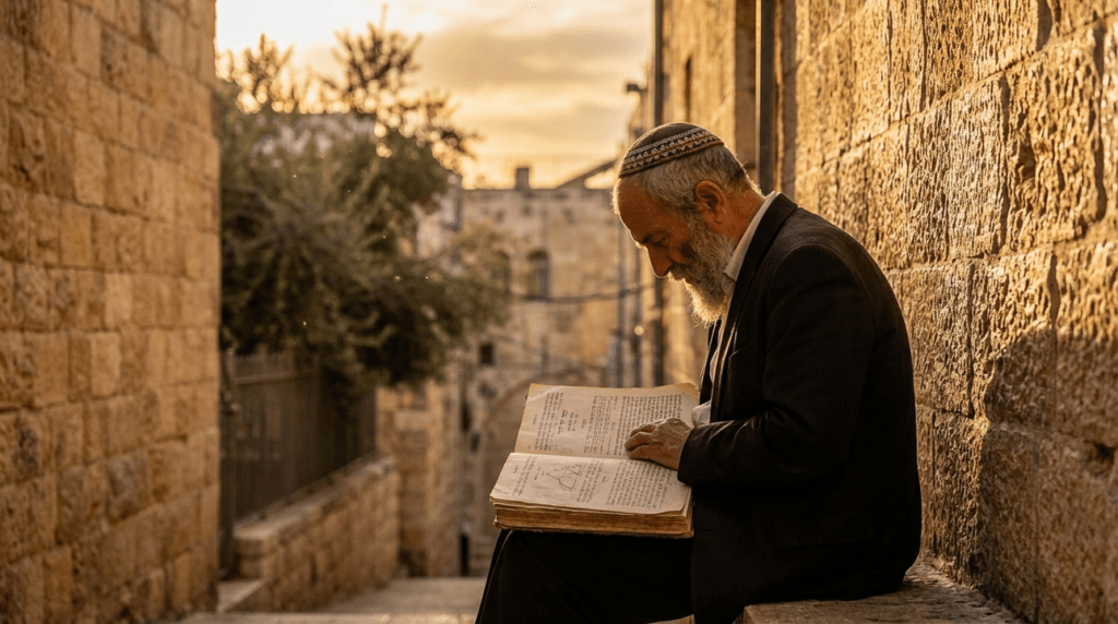 Elderly man reading Jewish text by Jerusalem's stone walls at sunset.