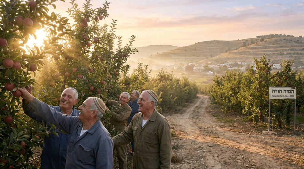 Israeli farmers in kippahs picking apples in sunlit orchard.