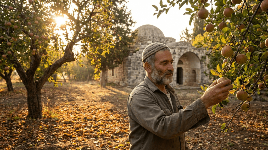 Man wearing kippa picks apples in an orchard, synagogue in background.