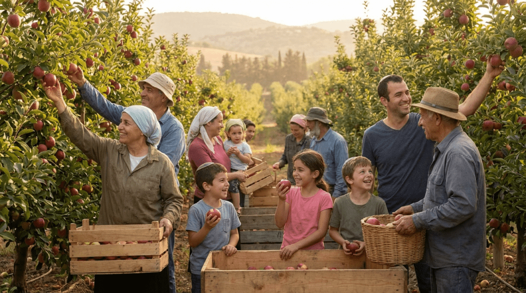 Diverse group picking apples in a sunny Galilee orchard.