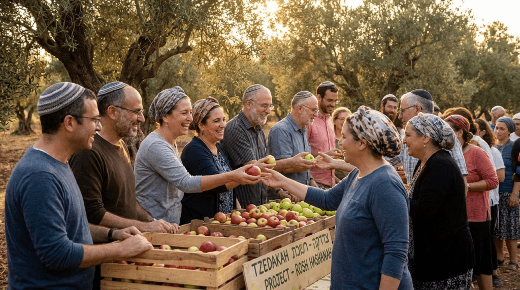 Diverse Jewish group sharing apples in an Israeli olive grove.