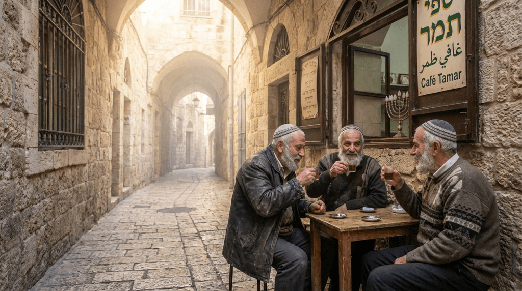 Morning light in Jerusalem alley with menorah, elderly men talking.