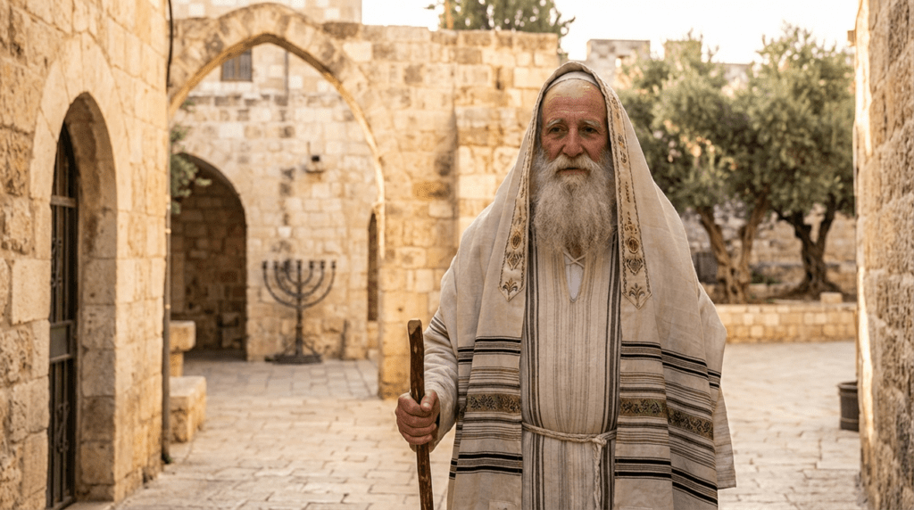 Elderly man in Jewish priestly garments among Jerusalem's ancient stones.
