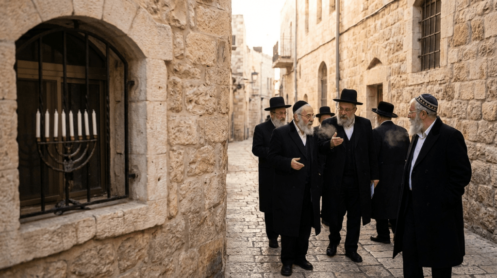 Elderly Jewish men walking and talking in ancient Jerusalem street.