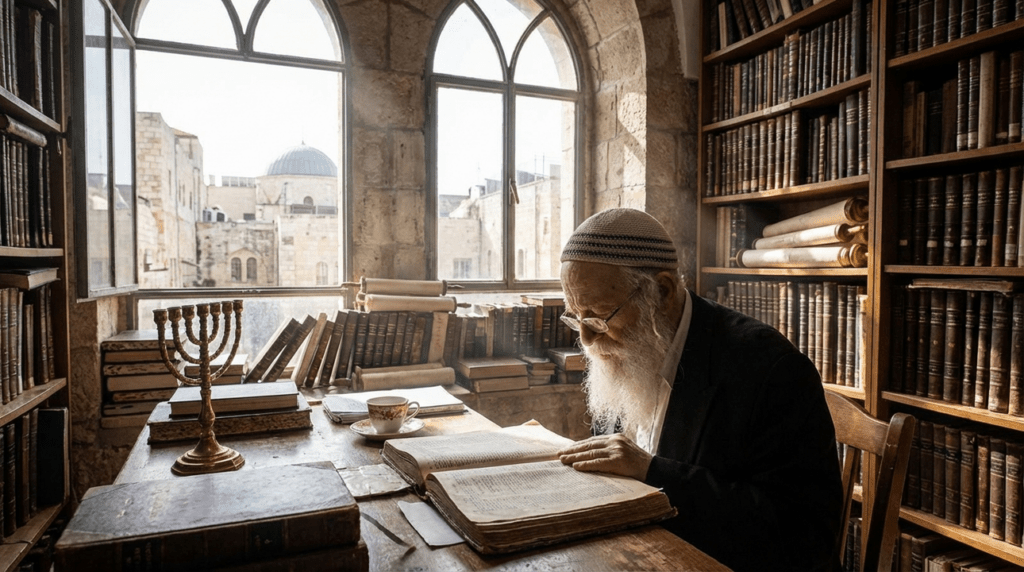 Elderly rabbi studying Talmud in sunlit, book-filled Jerusalem library.