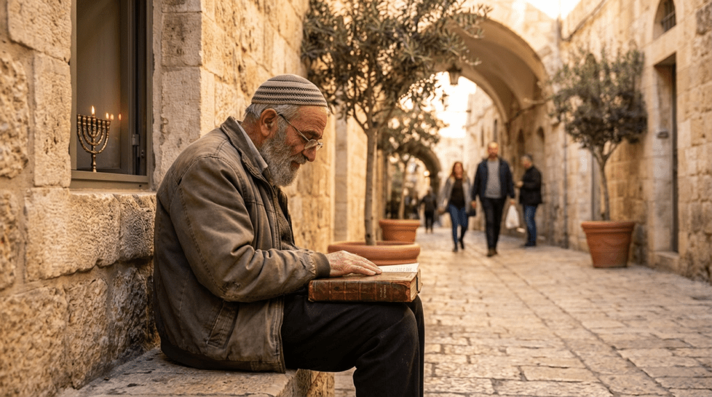 Elderly man in kippa reading a book on a sunlit Jerusalem street.