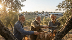 Elderly Jewish men in kippahs picking olives in a grove.