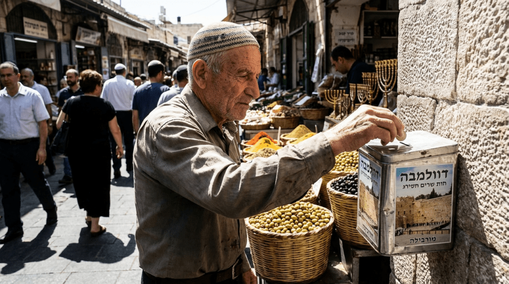 Elderly Jewish man placing coins in Tzedakah box in busy market.