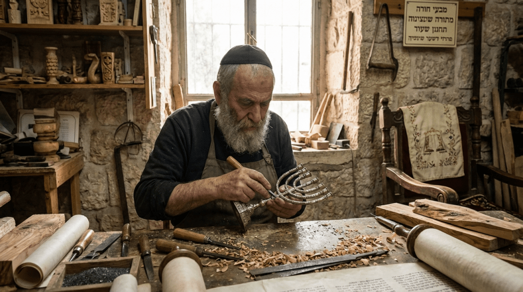 Artisan in Jerusalem engraving a menorah in a sunlit workshop.