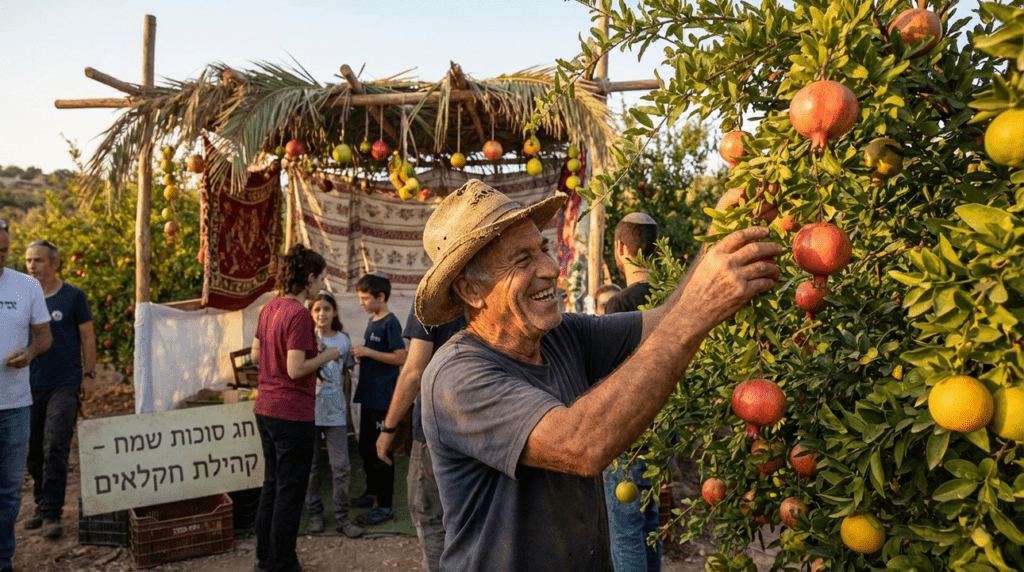 Israeli farmer collecting fruits during Sukkot in a decorated orchard.