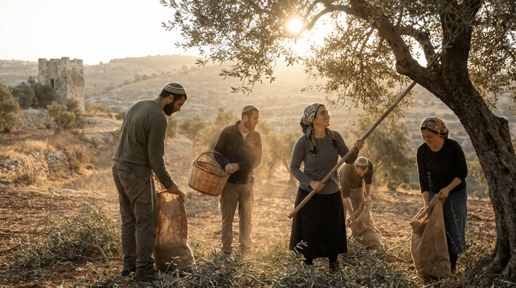 Men and women harvesting olives in a grove in Israel.