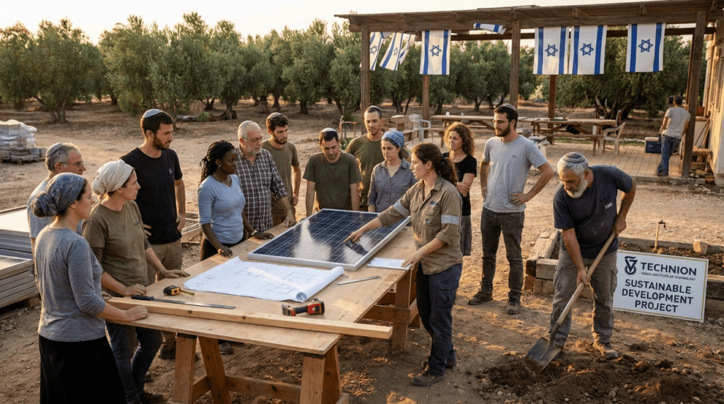 Diverse group working together in a kibbutz under olive trees, Israeli flags visible.