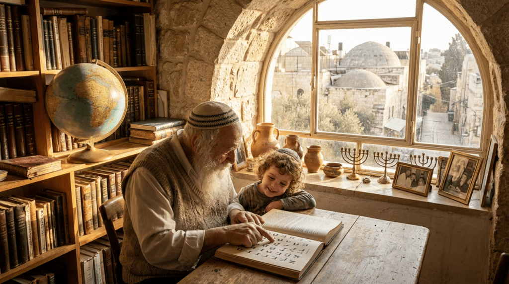 Elderly man teaching Hebrew to child, Jerusalem view through window.