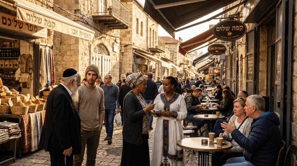Diverse group conversing on a Jerusalem street with Hebrew signs.