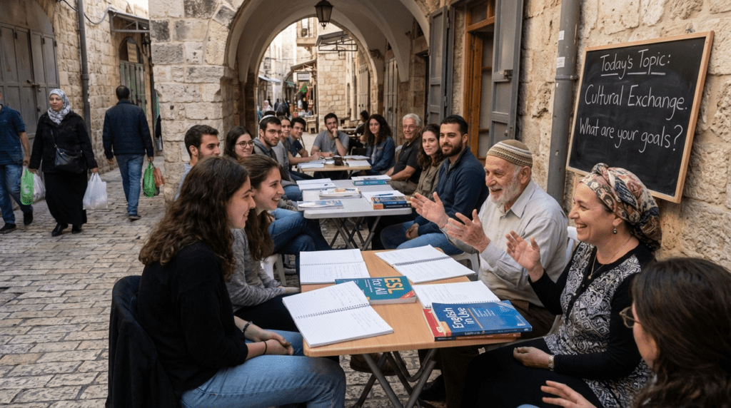Diverse students in an outdoor English class in Jerusalem alley.