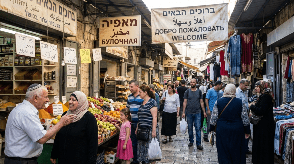 Jerusalem market scene with signs in Hebrew, Arabic, Russian, English.