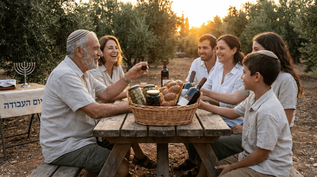 Family in kibbutz sharing traditional Israeli gifts under olive trees.