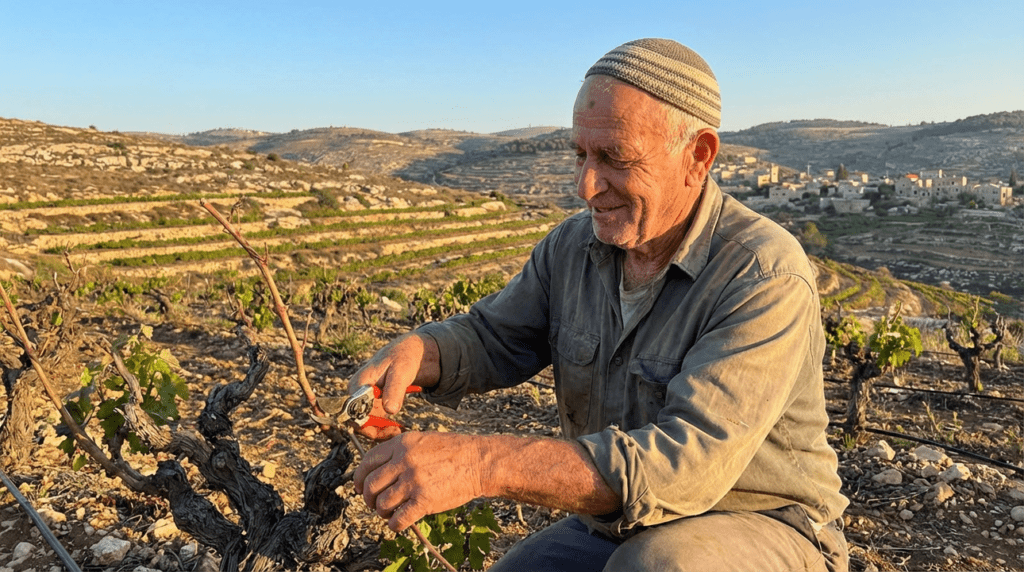 Elderly man with kippa pruning grapevines in sunlit Judean Hills.
