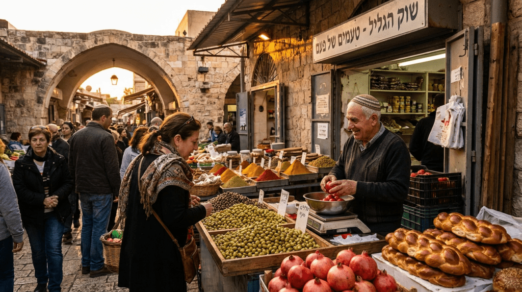 Market scene in Galilee with vendors, customers, olives, fruits, and bread.