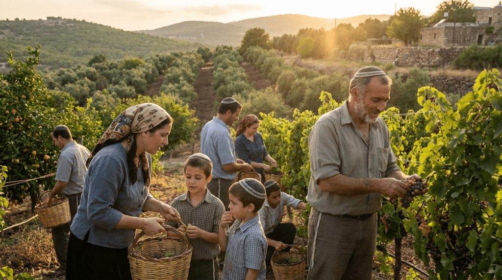 Family in traditional clothing harvests crops in lush, sunlit farm.