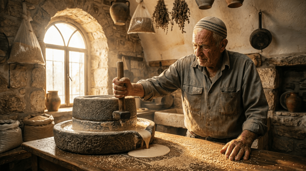Elderly Israeli artisan making tahini in a traditional stone mill.