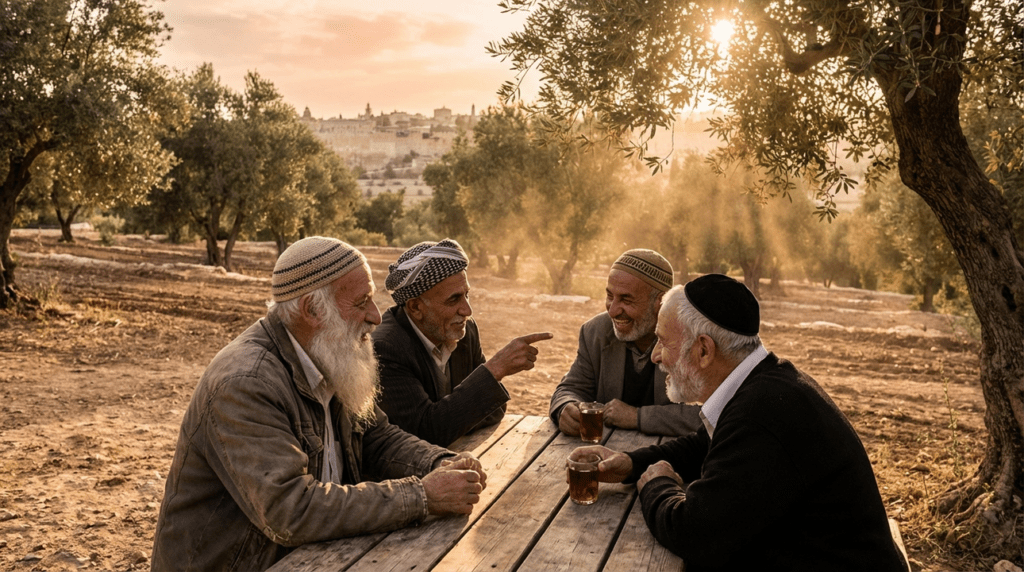 Elderly men in kippahs and turbans discuss in Jerusalem olive grove.