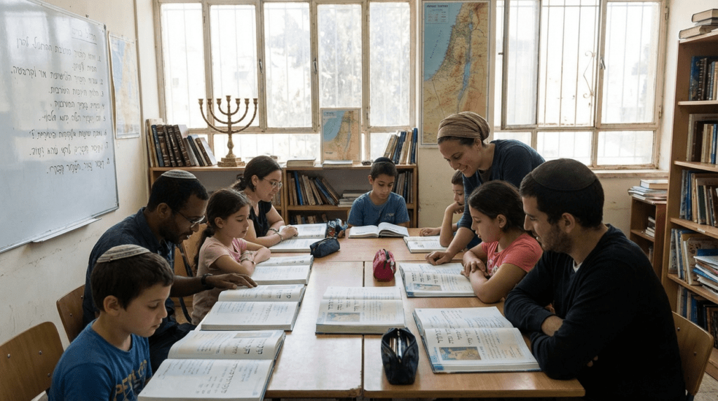 Students of various ages learning Hebrew in a sunlit classroom.