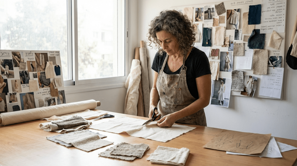Israeli fashion designer cutting and sketching sustainable fabrics in studio.