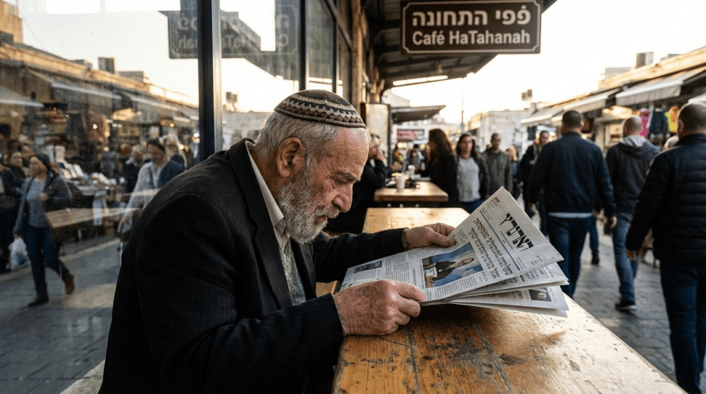Elderly Jewish man reads Hebrew newspaper in Jerusalem café.