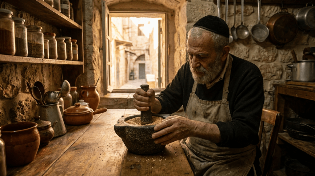 Elderly Jewish man grinds sesame seeds in stone kitchen.