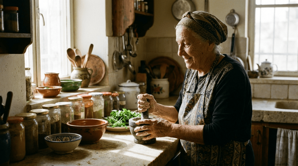 Elderly Jewish woman making tahini in a sunlit, rustic kitchen.