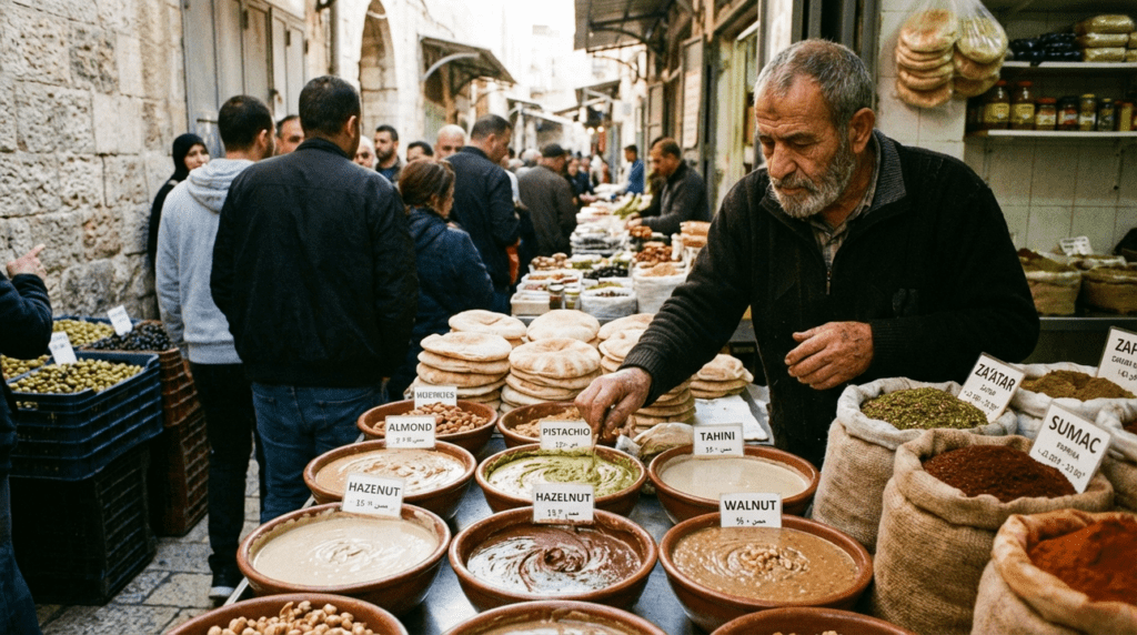 Artisan arranging nut butters in bowls at a Jerusalem market.