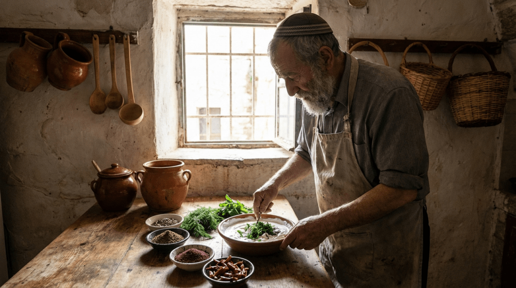 Elderly Jewish man preparing yogurt dish in rustic Jerusalem kitchen.