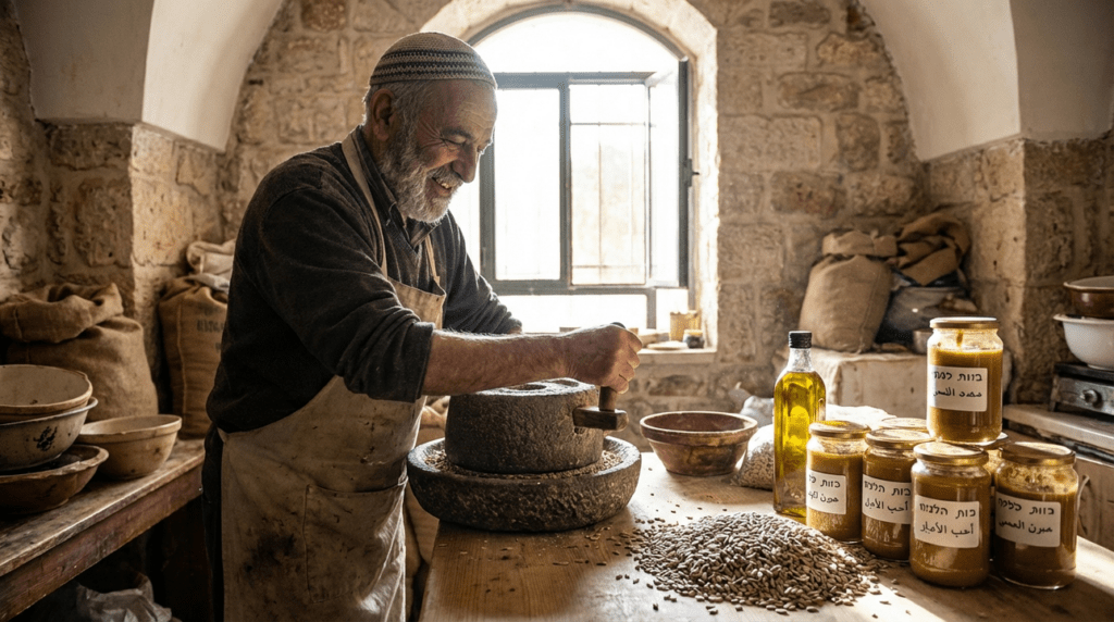 Elderly Jewish man making sunflower seed butter in sunlit kitchen.