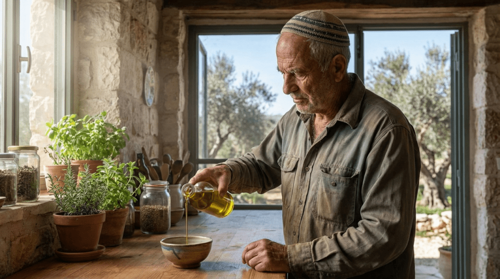 Elderly Israeli man pouring olive oil into bowl in rustic kitchen.
