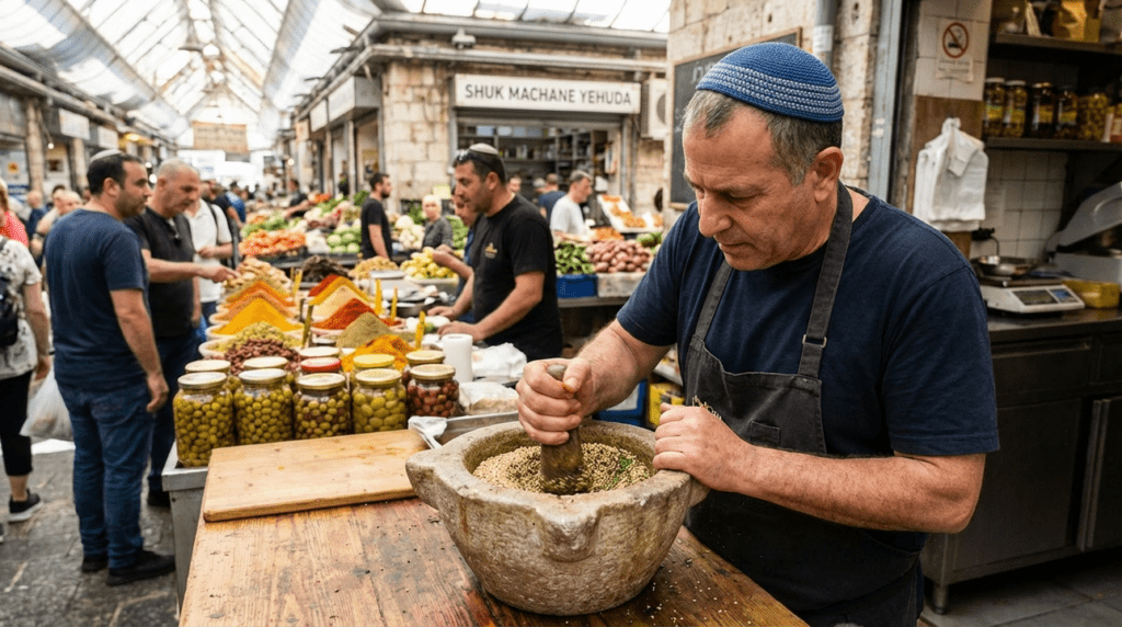 Israeli chef preparing seed paste in Jerusalem market.