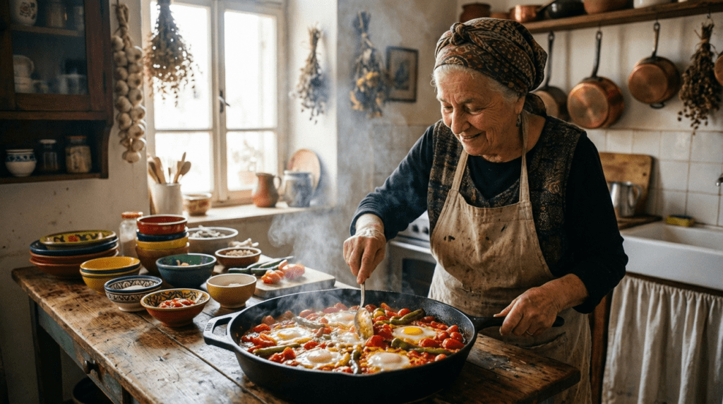 Elderly Jewish woman cooking Shakshuka in a rustic Jerusalem kitchen.