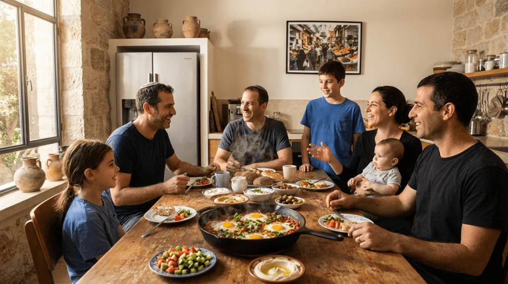 Israeli breakfast with Shakshuka on a table, family gathered around talking.