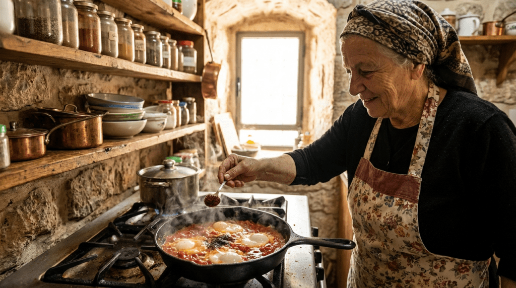 Elderly Jewish woman preparing Shakshuka in a traditional Jerusalem kitchen.